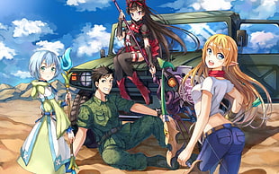 three female and one male anime characters, anime, Gate: Jieitai Kanochi nite Kaku Tatakaeri, Itami Youji, Rory Mercury