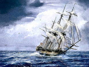 galleon ship painting, sailing ship, artwork, ship, sea