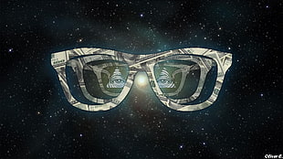 illustration of eyeglasses and eye of providence nebula digital wallpaper