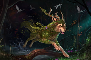 black and green dragon painting, furry, wolf, animals, fantasy art HD wallpaper