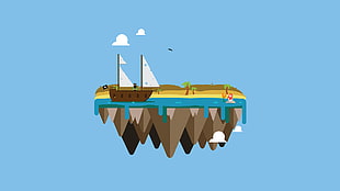 white and brown ship illustration, vector, island, floating island, pirates HD wallpaper