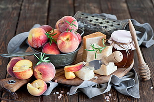 red apple fruits and jar of honey digital art, food, peaches, cheese, wooden surface