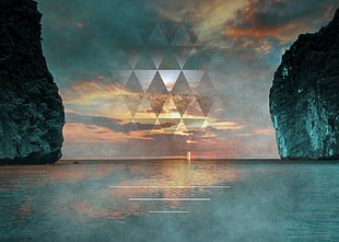 body of water wallpaper, polyscape, horizon, abstract, sunset