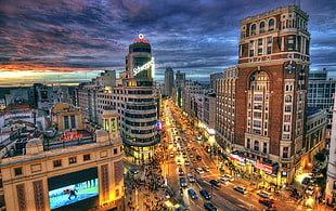 high-rise building, road, sky, clouds, sunset