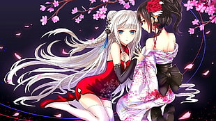 anime girls wearing a red dress and geisha dress illustration HD wallpaper