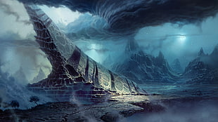 illustration of ship, ice, Glacial Lake, fantasy art, artwork