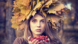 woman's face with leaves HD wallpaper