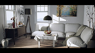 white fabric 3-seat sofa, Unreal Engine 4 , Archviz HD wallpaper