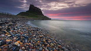 pebble stone on seashore during sunset HD wallpaper
