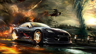 black sports car and black helicopter poster