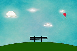 bench on grass field and kite under the sky painting