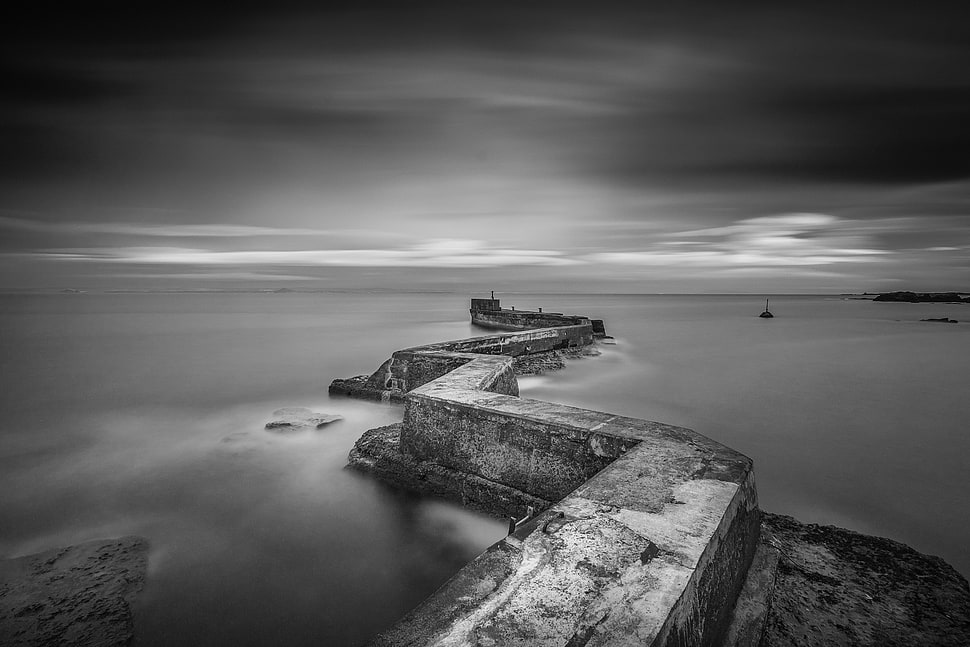 gray scale photo of pathway surrounded by body of water, st monans HD wallpaper
