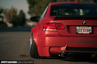 stance red BMW M3 with fender flares HD wallpaper