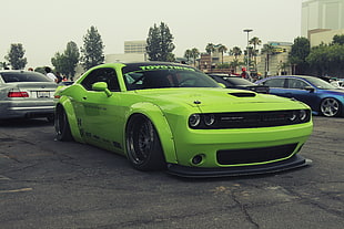 green coupe car, Liberty Walk, LB Works, Dodge Challenger R/T, widebody