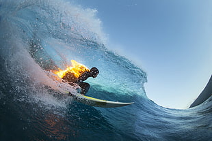white surfboard, photography, surfing, waves, fire HD wallpaper