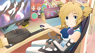 female anime holding computer mouse and infront of computer monitor digital wallpaper HD wallpaper