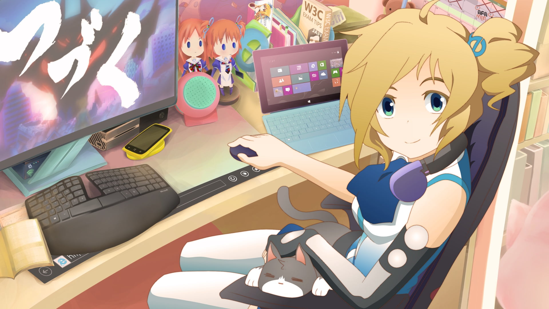 female anime holding computer mouse and infront of computer monitor digital wallpaper