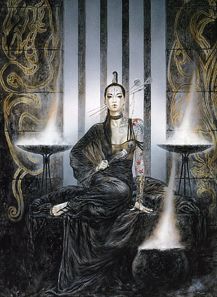 painting of woman in black and gray dress