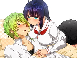 purple haired woman and green haired male anime character