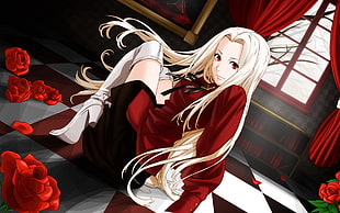 blonde female anime character in red and black uniform digital wallpaper