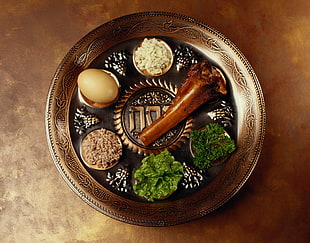 vegetables and boiled egg on brass plate