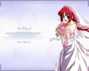 close up photograph of cartoon character girl in red hair wearing wedding gown