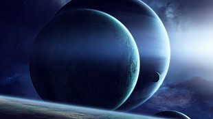 two gray planets, planet, galaxy, artwork, space