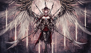 black and red dressed character with wings graphic wallpaper, warrior, fantasy art, artwork