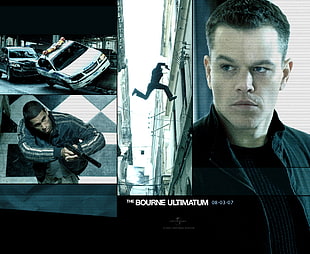 Matt Damon with text overlay, movies, Matt Damon, The Bourne Ultimatum, collage