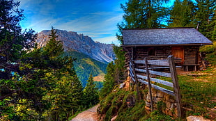brown house near mountain artwork, nature, cabin, mountains HD wallpaper