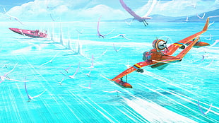 game application screenshot, digital art, water, boat, airplane