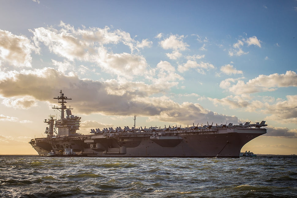 gray aircraft carrier, USS George H.W. Bush (CVN-77), jet fighter, Pacific Ocean, clouds HD wallpaper