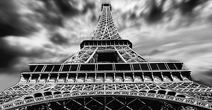gray scale portrait of Eiffel Tower