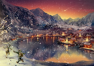 children playing outside while snowing, anime, artwork, winter, mountains