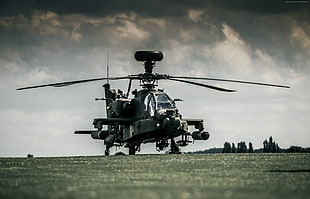 black and gray helicopter landed on green grass fields HD wallpaper