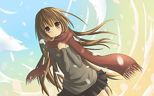 brunette haired female anime character wearing red scarf HD wallpaper