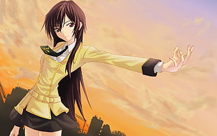 long brown haired yellow suit female anime character