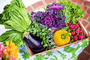 eggplant, yellow bell pepper and lettuce and iceberg lettuce in brown wooden vegetable rack