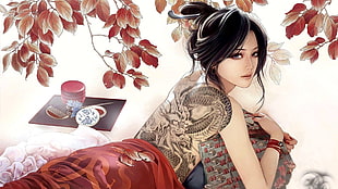 black-haired woman with back dragon tattoo illustration