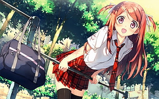 brown haired girl in white and red school uniform anime character HD wallpaper