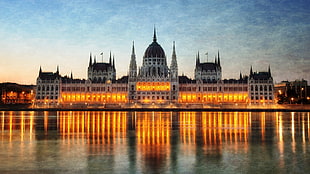white and gray concrete building, cityscape, reflection, Budapest, Hungarian Parliament Building