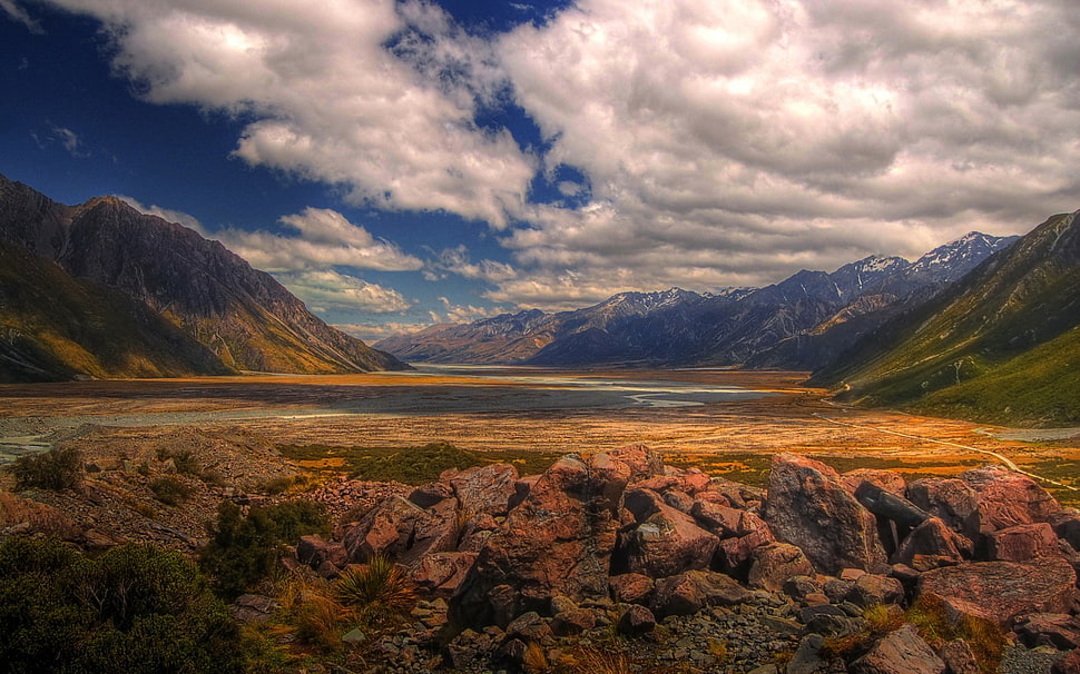 brown mountain, landscape, mountains, sky, clouds HD wallpaper
