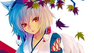 anime girls, red eyes, leaves, short hair HD wallpaper