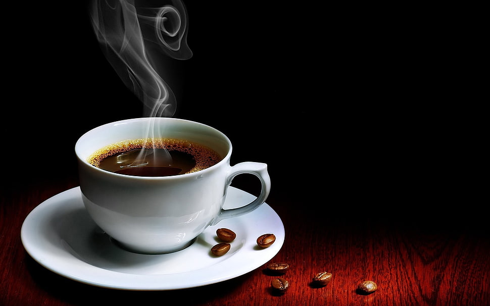 white ceramic cup and saucer, coffee, cup, coffee beans HD wallpaper