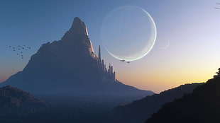 full moon and mountain, fantasy art, planet, science fiction