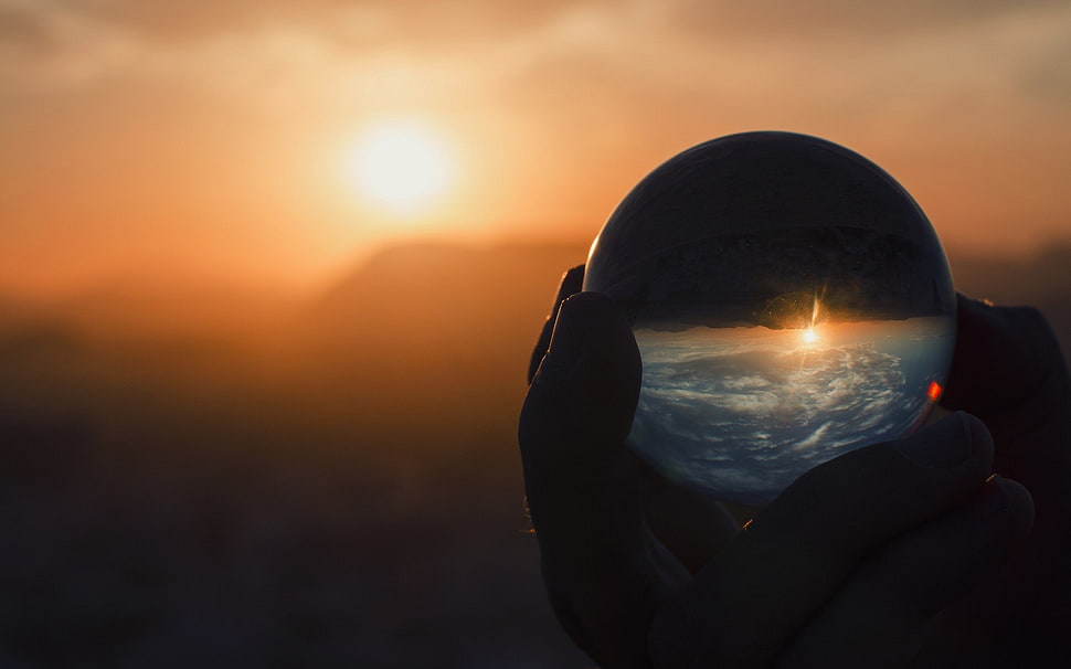 men's black crew-neck shirt, sunset, sphere, reflection HD wallpaper