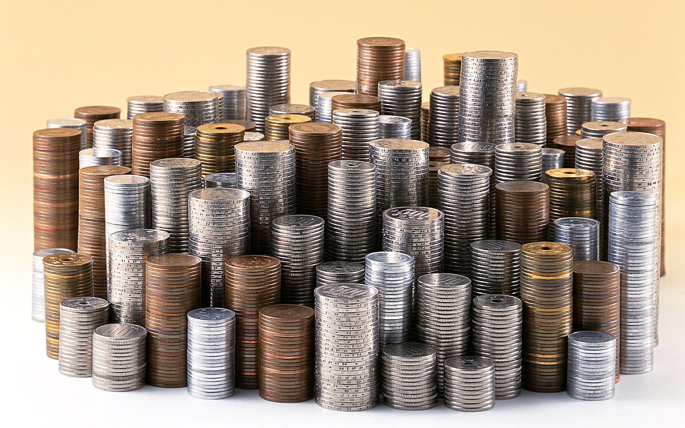 closeup photo of assorted coin stacks HD wallpaper