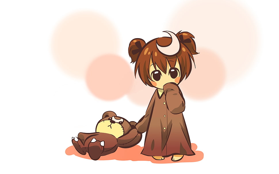 brunette girl anime character in black button-up shirt pulling brown teddy bear HD wallpaper