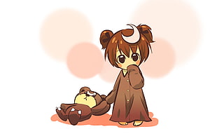 brunette girl anime character in black button-up shirt pulling brown teddy bear