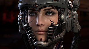 female character digital wallpaper, cyberpunk, cyborg, helmet HD wallpaper